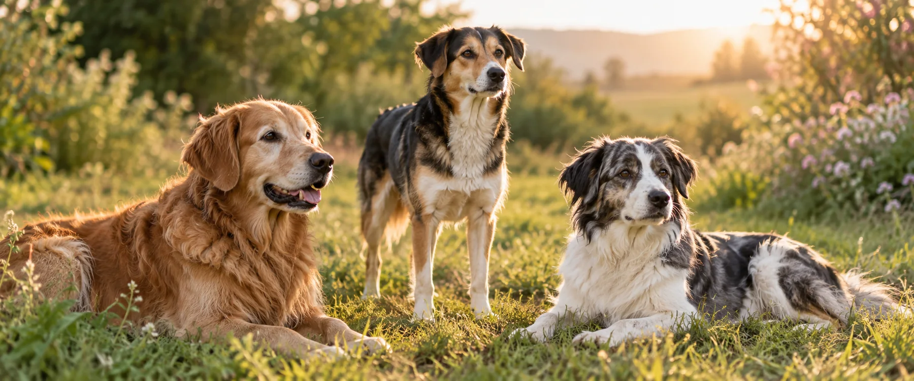 Drei entspannte Hunde auf einer warm beleuchteten Wiese
