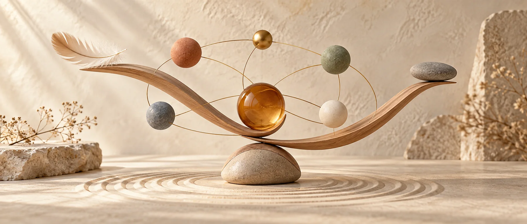 Eine fein ausbalancierte Skulptur mit Feder, Stein und verbundenen Kugeln als Symbol für Wahrnehmung, Bewegung und Balance
