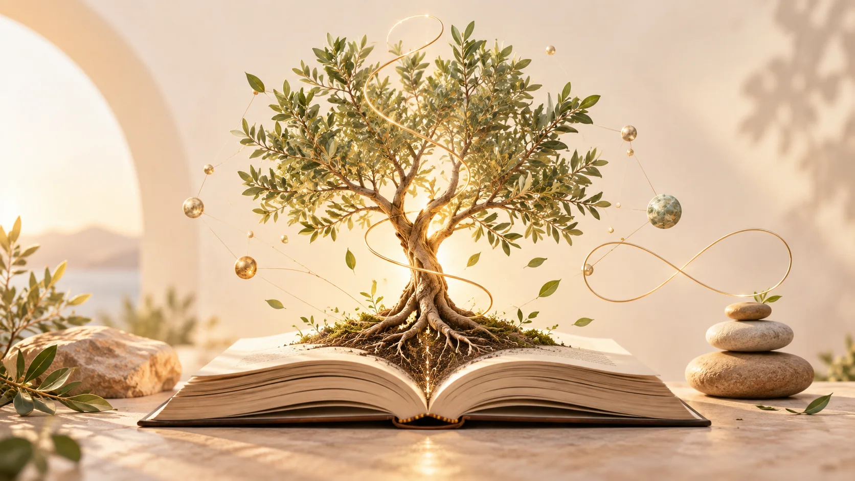 Ein wachsender Baum auf einem offenen Buch als Symbol für Wissen, Erfahrung, Entwicklung und Balance