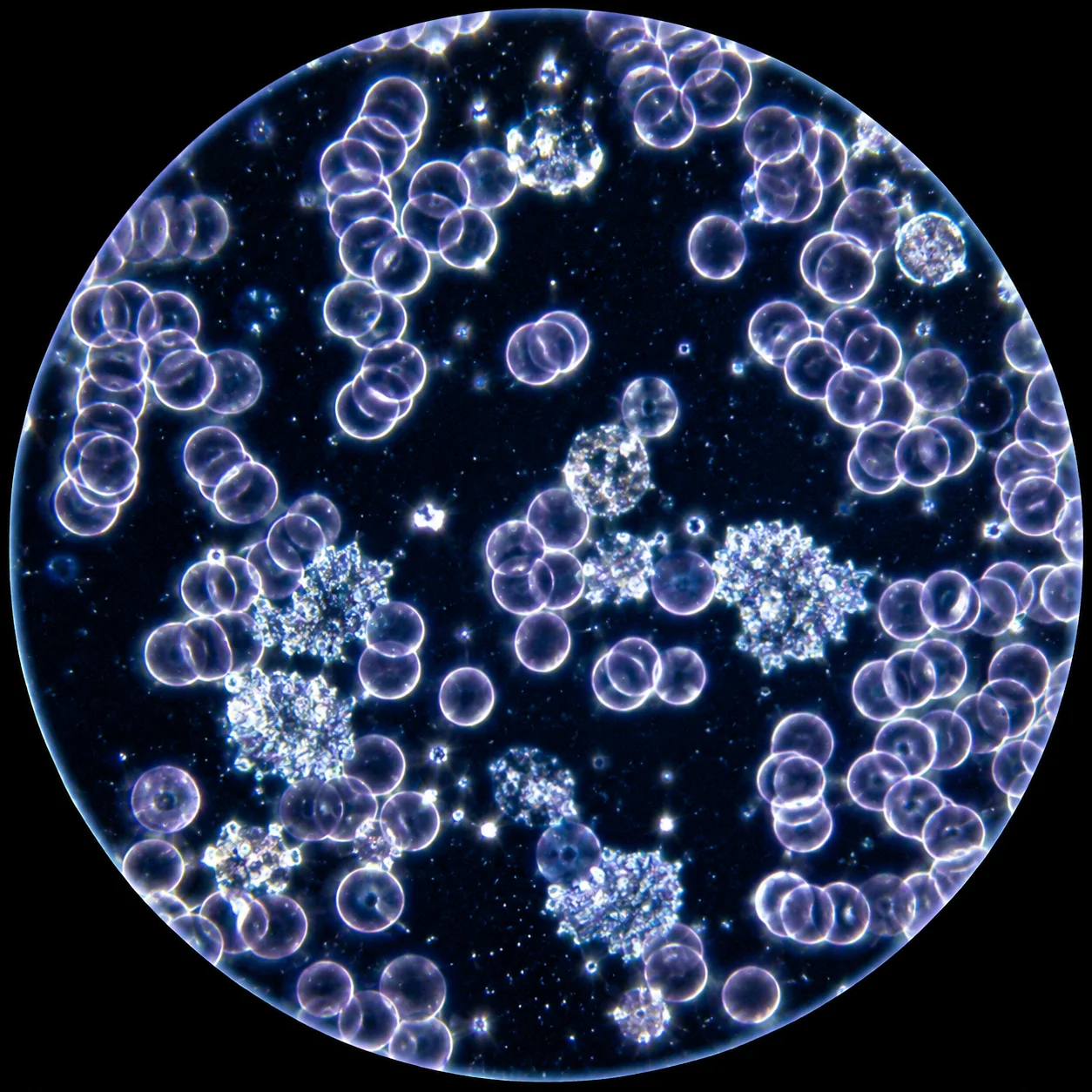 Symbolische mikroskopische Darstellung eines Vitalblutbildes im Dunkelfeld
